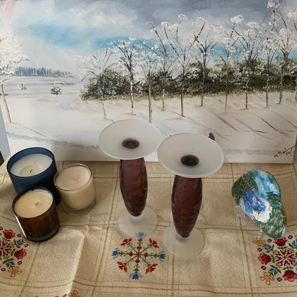 Set of 2, Hand Blown Frosted, Etched, Purple Glass Pillar Candle Holders - Picture 2 of 3